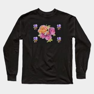 Shabby Chic Pink Rose on black floral Pattern Long Sleeve T-Shirt